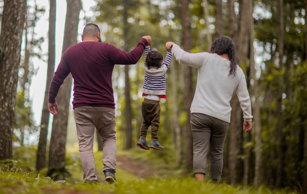 Family walking in forest