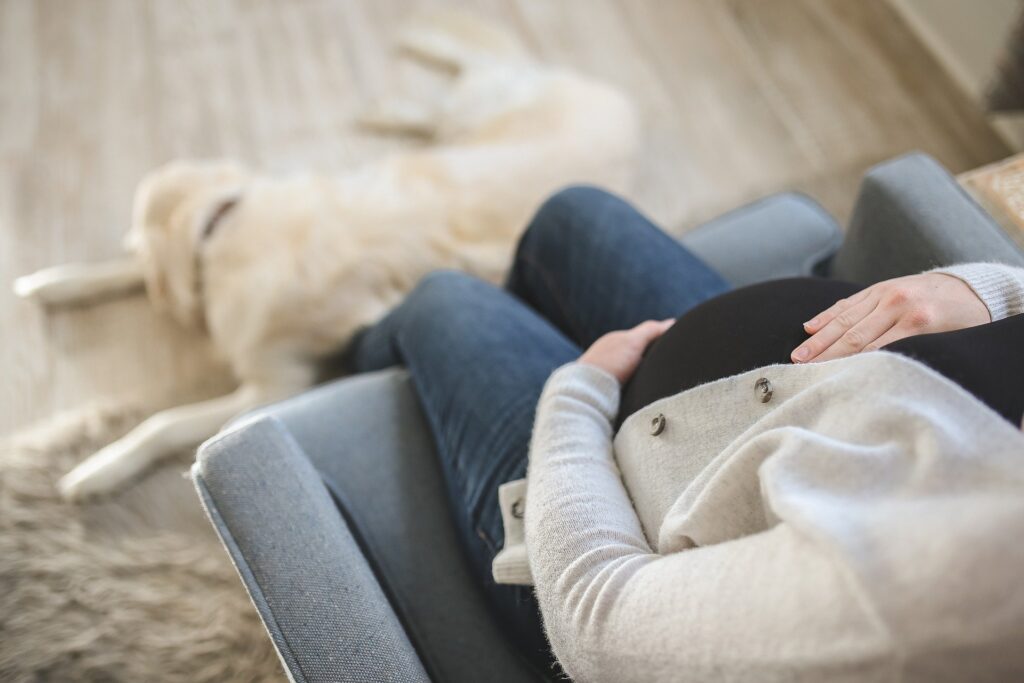 Pregnant woman sitting with dog