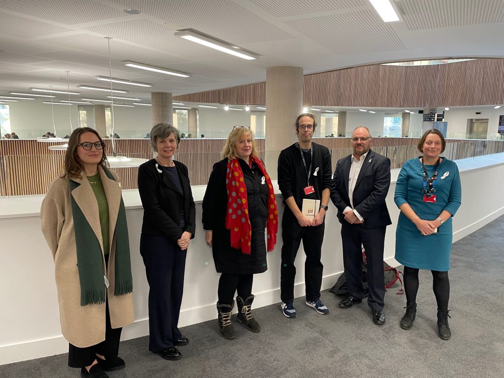 Left to right: Leyla Buran, Coms Officer White Ribbon / Anthea Sully, Chief Exec of White Ribbon / Professor Alyson Rees, Assistant Director CASCADE / Phil Lambert, Public Involvement Assistant CASCADE / Steve Barnbrook, Vice Chair of the Board of Trustees / Professor Sally Holland, Assistant Director CASCADE 